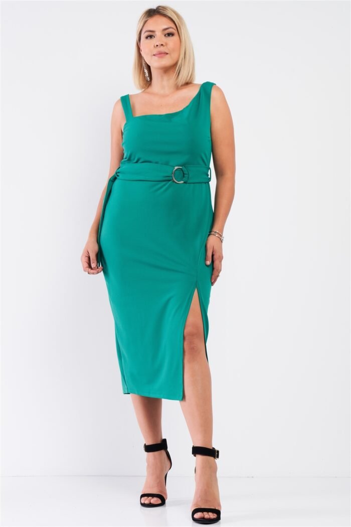 Plus sleeveless asymmetrical shoulder front slit detail belted dress - image 1