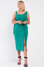 Plus Sleeveless Asymmetrical Shoulder Front Slit Detail Belted Dress - Image 2