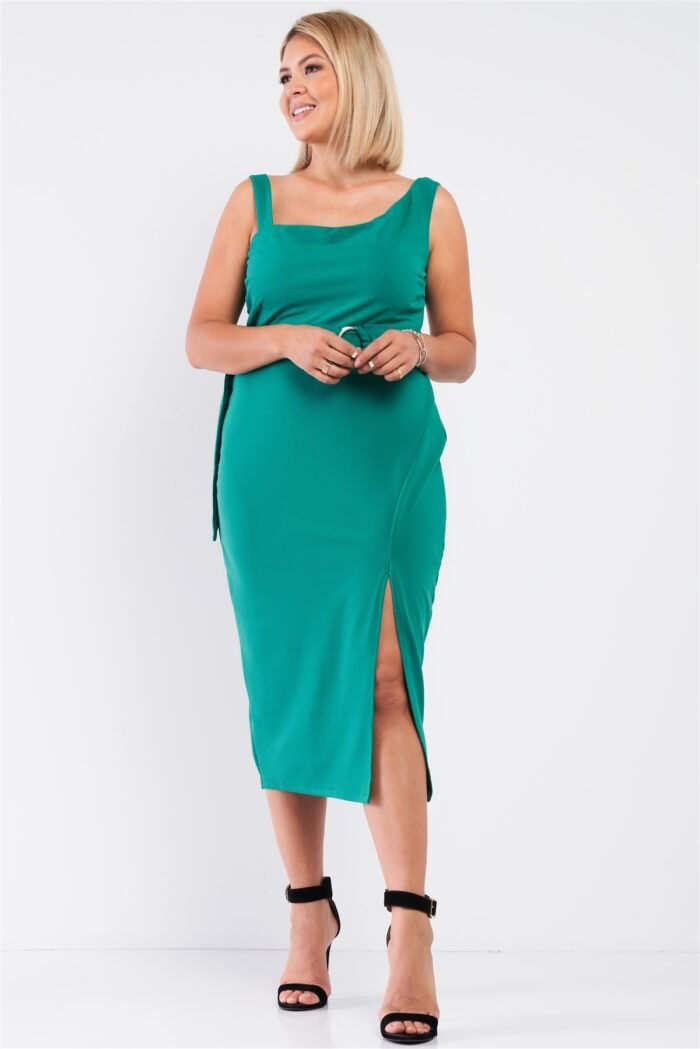 Plus sleeveless asymmetrical shoulder front slit detail belted dress - image 2