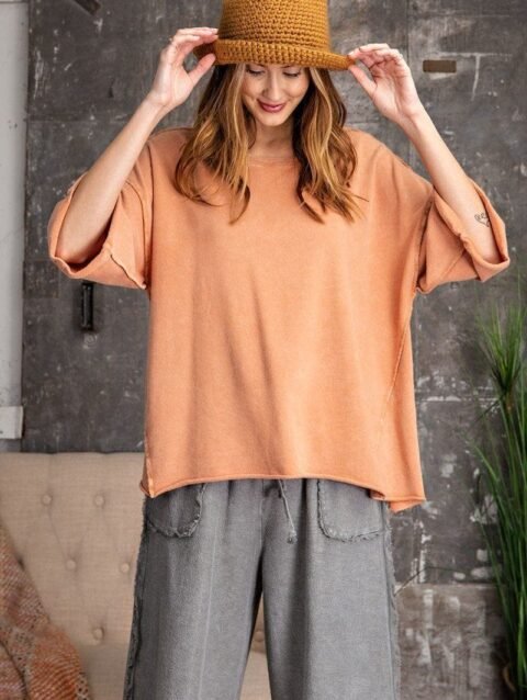 3/4 Slvs Mineral Washed Terry Knit Boxy Top
