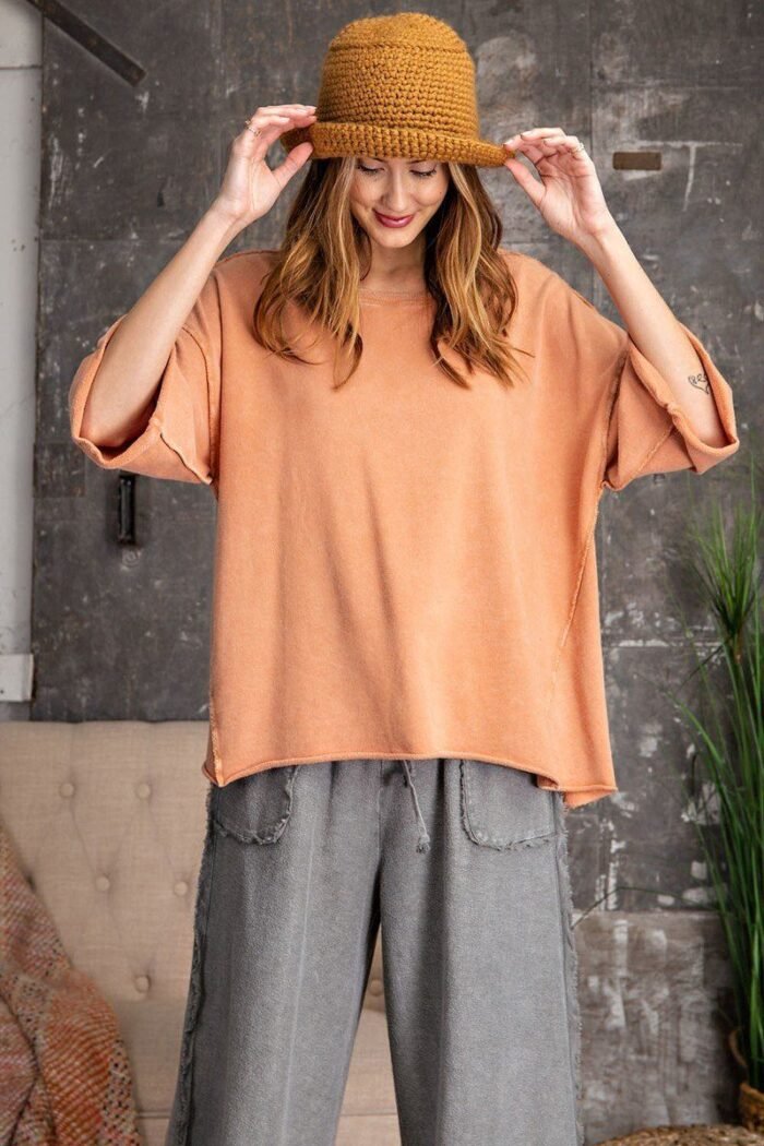 3/4 slvs mineral washed terry knit boxy top - image 1