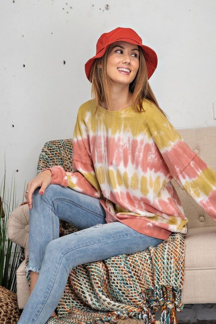 Ombre dye terry knit banded bottom pullover