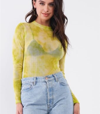 Neon Green Sexy Sheer Mesh Long Sleeve Mock Neck Bodysuit