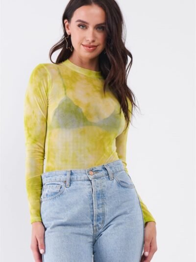 Neon Green Sexy Sheer Mesh Long Sleeve Mock Neck Bodysuit