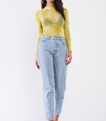 Neon Green Sexy Sheer Mesh Long Sleeve Mock Neck Bodysuit