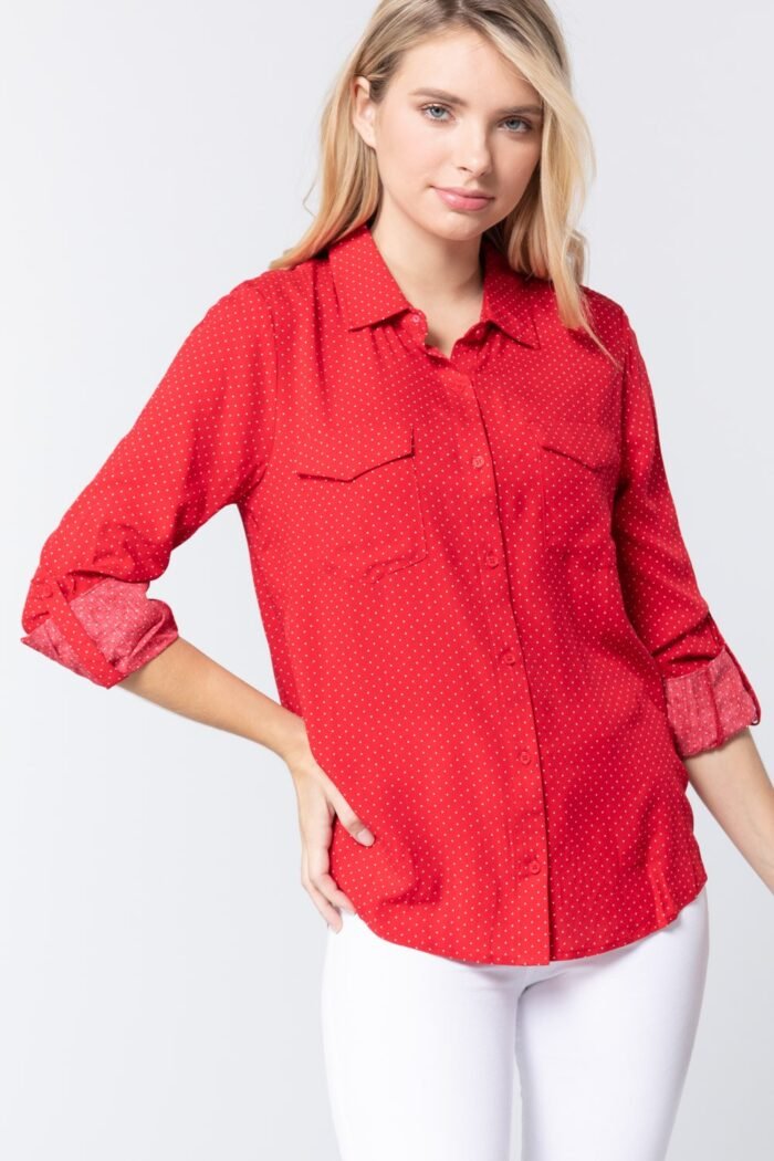 3/4 roll up slv dot print shirt