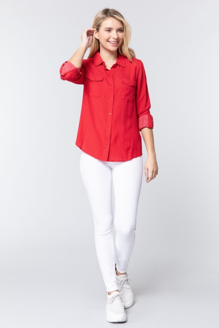 3/4 roll up slv dot print shirt
