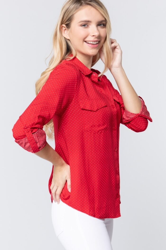 3/4 roll up slv dot print shirt