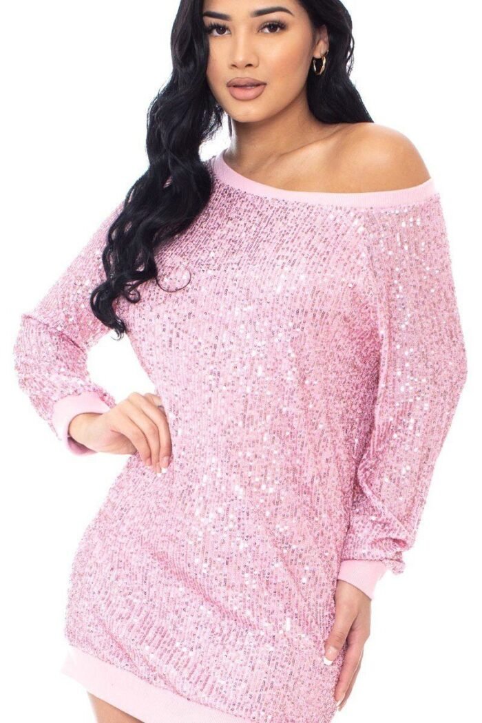 Sequin wide neck boxy mini dress