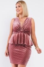Quilted Glitter Print Sleeveless Bow Gathered Plunging V-neck Flare Hem Fitt...