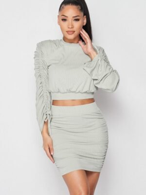 Ruched Long Sleeve And Skirt Set