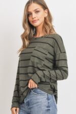 Striped Front Pocket Round Collar - Image 3