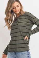 Striped Front Pocket Round Collar - Image 4