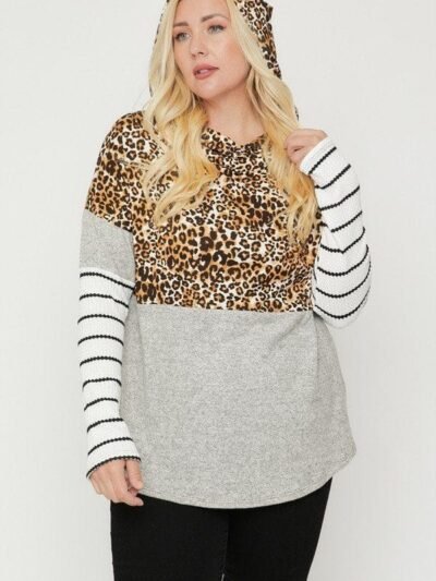 Plus Size Color Block Hoodie Featuring A Cheetah Print Plus Size Color Block Hoodie Featuring A Cheetah Print