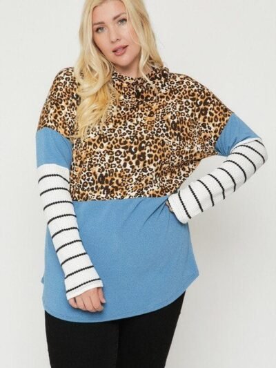 Plus Size Cheetah Print Hoodie — Color Block Style