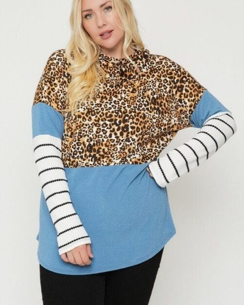 Plus Size Cheetah Print Hoodie — Color Block Style