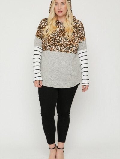Plus Size Color Block Hoodie Featuring A Cheetah Print Plus Size Color Block Hoodie Featuring A Cheetah Print