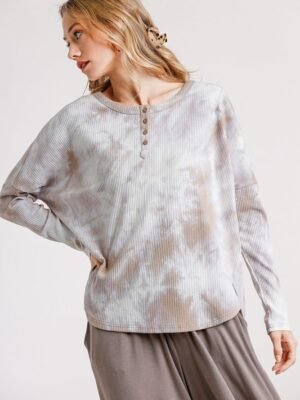 Tie Dye Round Neck Ribbed Button Front Top With Round Hem