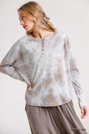 Tie Dye Round Neck Ribbed Button Front Top With Round Hem Tie Dye Round Neck Ribbed Button Front Top With Round Hem