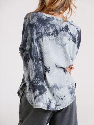 Tie Dye Round Neck Ribbed Button Front Top With Round Hem