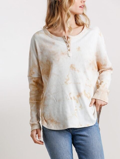 Tie Dye Round Neck Ribbed Button Front Top With Round Hem