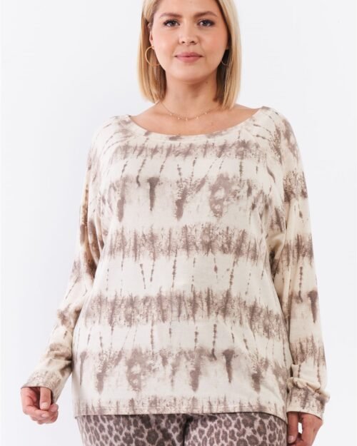Plus Ivory Acid Wash Print Bateau Neck Relaxed Fit Long Sleeve Top