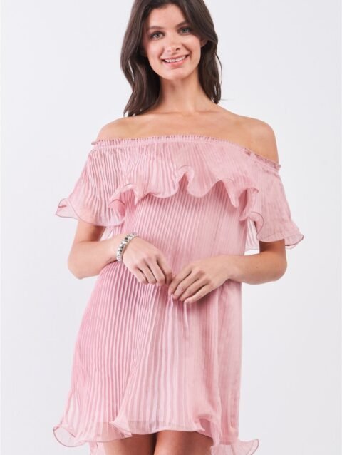 Pink Pleated Off-the-shoulder Double Layered Frill Trim Mini Dress
