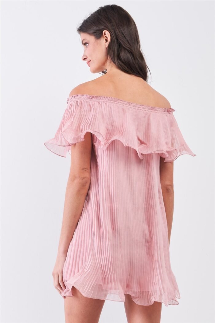Pink Pleated Off-the-shoulder Double Layered Frill Trim Mini Dress - Image 3