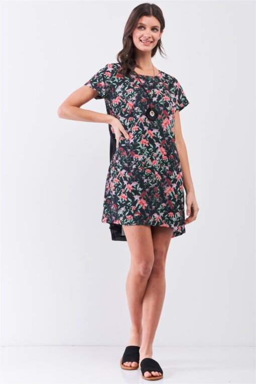 Black Multicolor Floral Print Pleated Back Detail Relaxed Mini Dress - Image 2