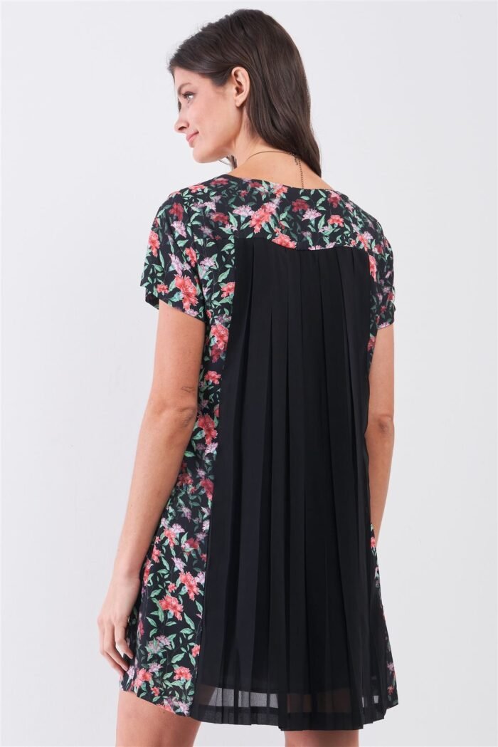Black multicolor floral print pleated back detail relaxed mini dress