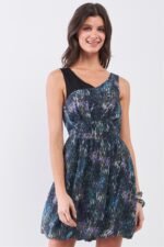 Navy Blue Sleeveless Mesh V-neck Self-tie Waist Stitched Together Bottom Min...