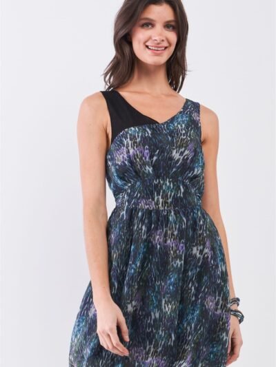 Navy Blue Mesh V-Neck Mini Dress – Self-Tie Waist