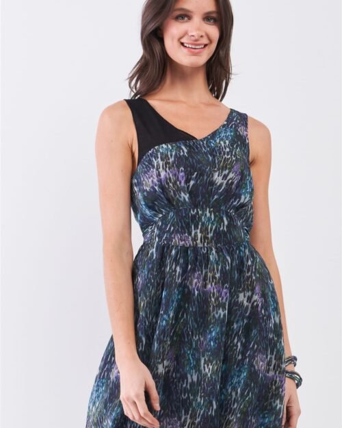 navy blue mesh v-neck mini dress – self-tie waist