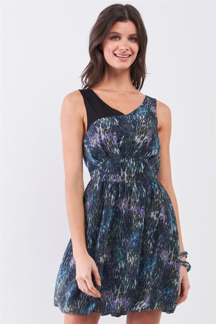 Navy blue sleeveless mesh v-neck self-tie waist stitched together bottom min... - image 1