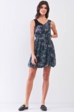 Navy Blue Sleeveless Mesh V-neck Self-tie Waist Stitched Together Bottom Min... - Image 2