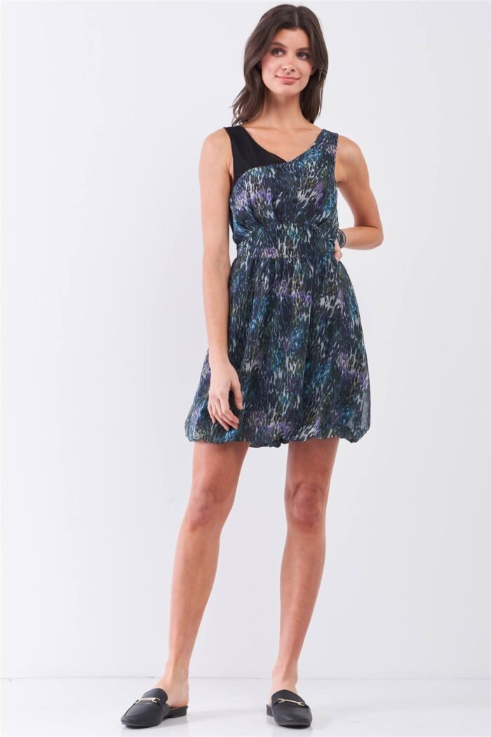Navy blue sleeveless mesh v-neck self-tie waist stitched together bottom min... - image 2