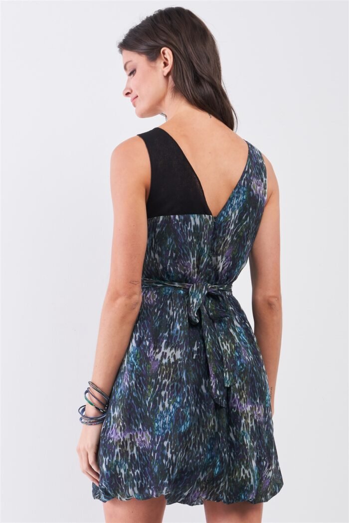 Navy blue sleeveless mesh v-neck self-tie waist stitched together bottom min... - image 3