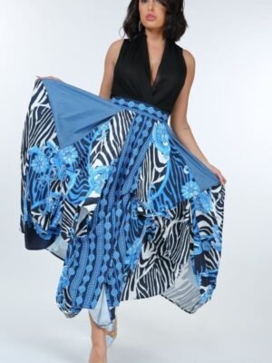 Animal Chain Print Denim Tacked Maxi Skirt In Black Gold