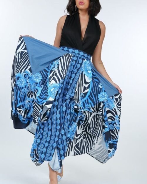 animal chain print denim tacked maxi skirt in black gold