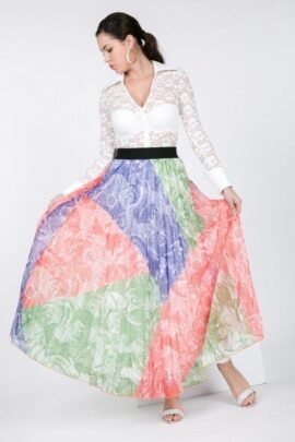 color block pleated maxi skirt women
