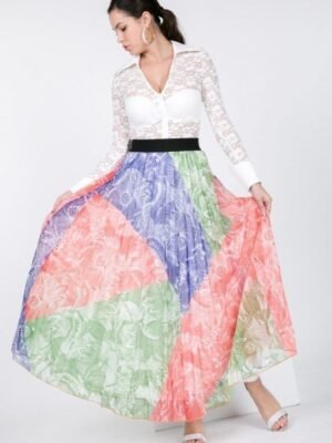 color block pleated maxi skirt women
