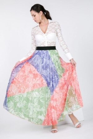 color block pleated maxi skirt women