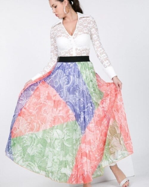 color block pleated maxi skirt women