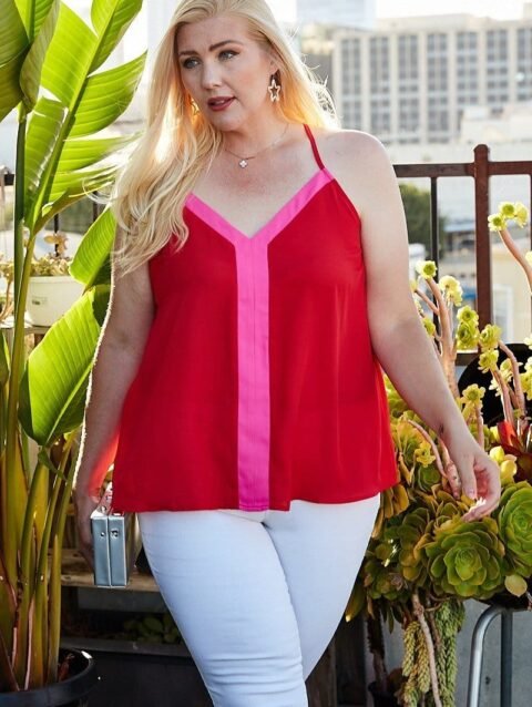 Plus Size Sleeveless V Neck Back Button Color Block Cami Top