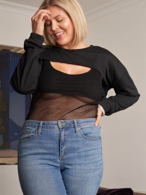 Plus Black Raw Hem Long Sleeve Crop Overtop & Beach Net Sheer Bodysuit Two-p…