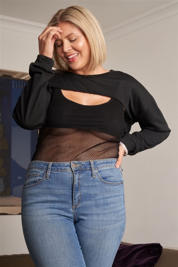 Plus black raw hem long sleeve crop overtop & beach net sheer bodysuit two-p...