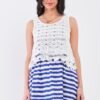 White & Navy Striped Mini Dress | Floral Embroidery Layered Top