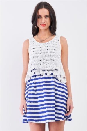 White & Navy Striped Mini Dress | Floral Embroidery Layered Top