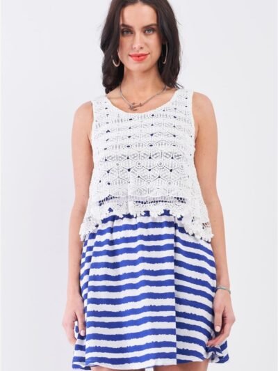 White & Navy Striped Mini Dress | Floral Embroidery Layered Top