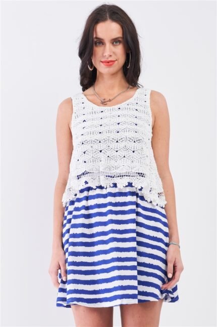 White & Navy Horizontal Striped Round Neck Sleeveless Floral Embroidery Laye...